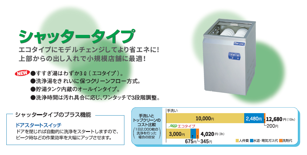 マルゼン エコタイプ食器洗浄機 シャッタータイプ 貯湯タンク内蔵型 MDST8E - 1